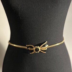 Gold Metal Stretch Belt with Bow and Black Stone Accent - 28" to 32"